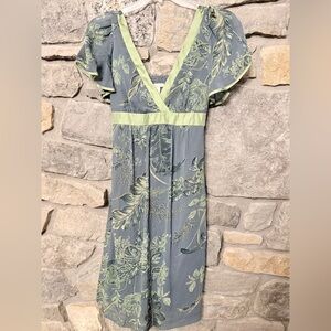 Jonathan Martin Ruffle Sleeve Gray Green Floral Dress w/Ribbon Tie Waist Sz 8 AQ